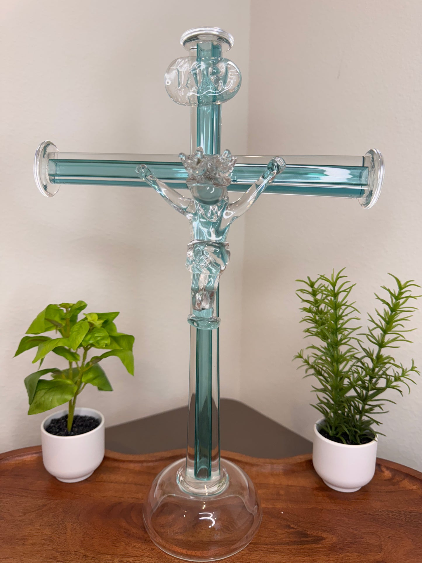 Crucifixo com Jesus de Murano - Aquamarine | 36 cm