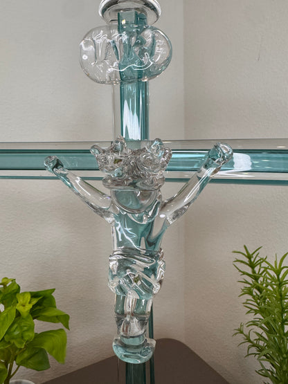 Crucifixo com Jesus de Murano - Aquamarine | 36 cm