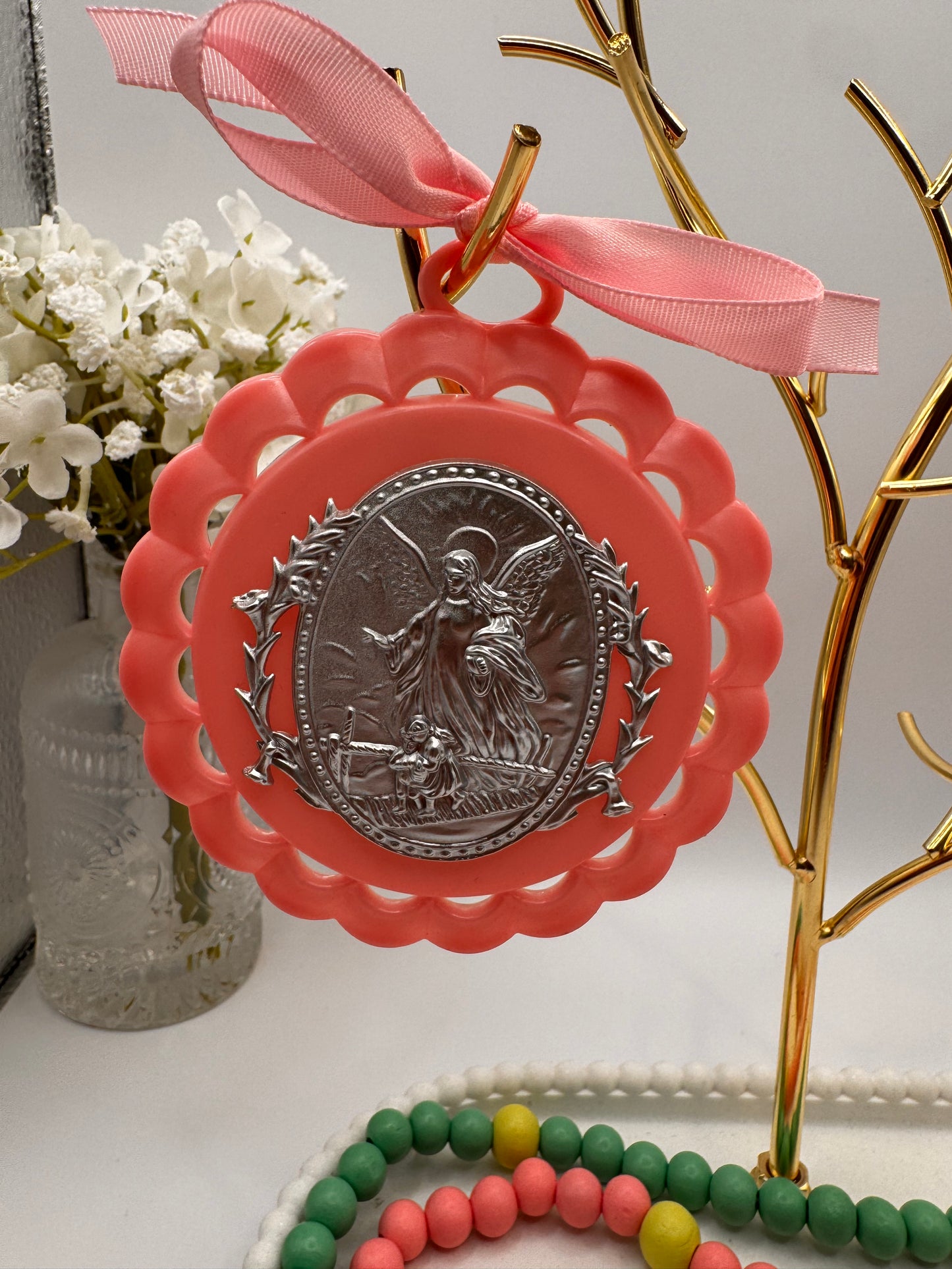 Conjunto de berço - Medalha e Terço - Rosa