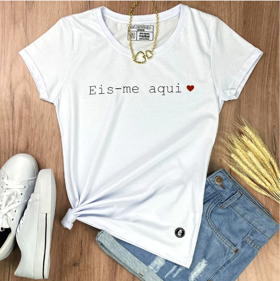 Camiseta Feminina Branca Eis-me Aqui