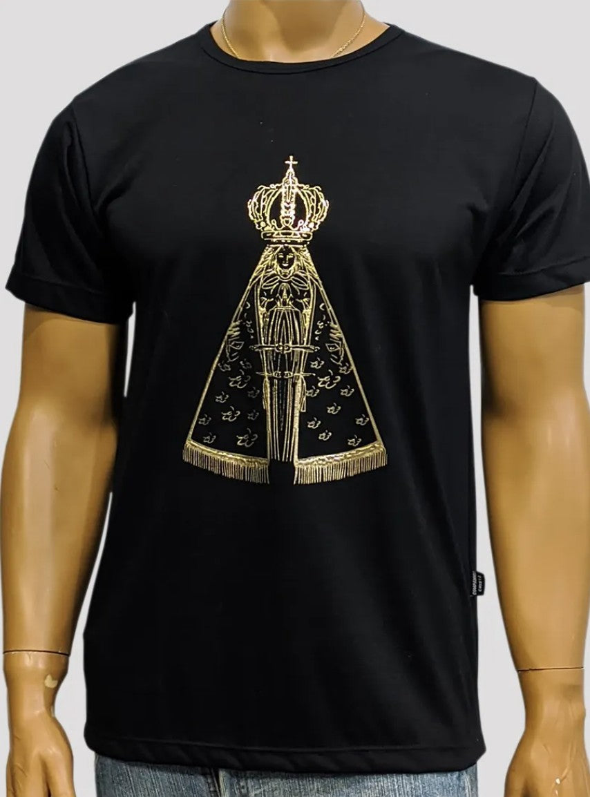 Camiseta Masculina Nossa Senhora Aparecida Dourada Preta