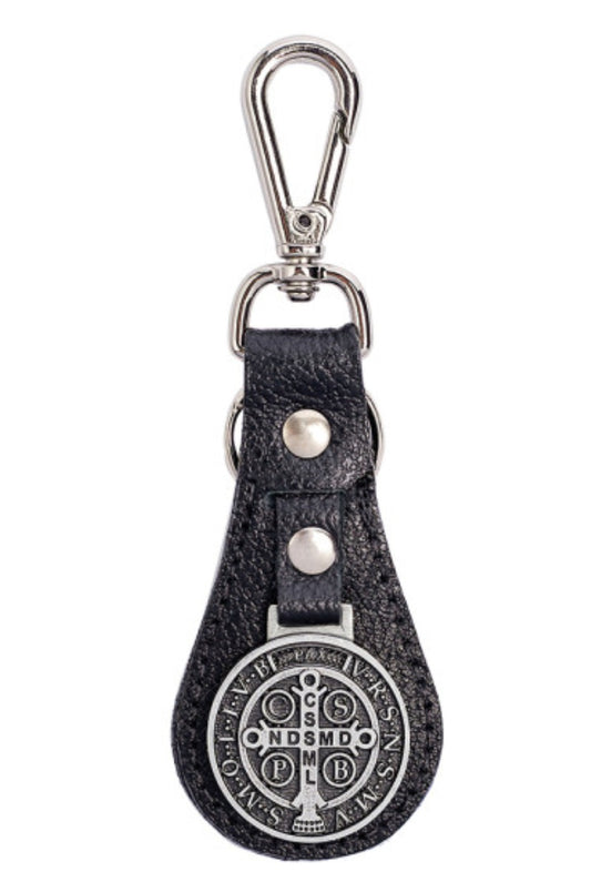 Genuine Leather Keychain - Saint Benedict Medal