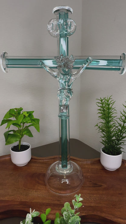 Crucifixo com Jesus de Murano - Aquamarine | 36 cm